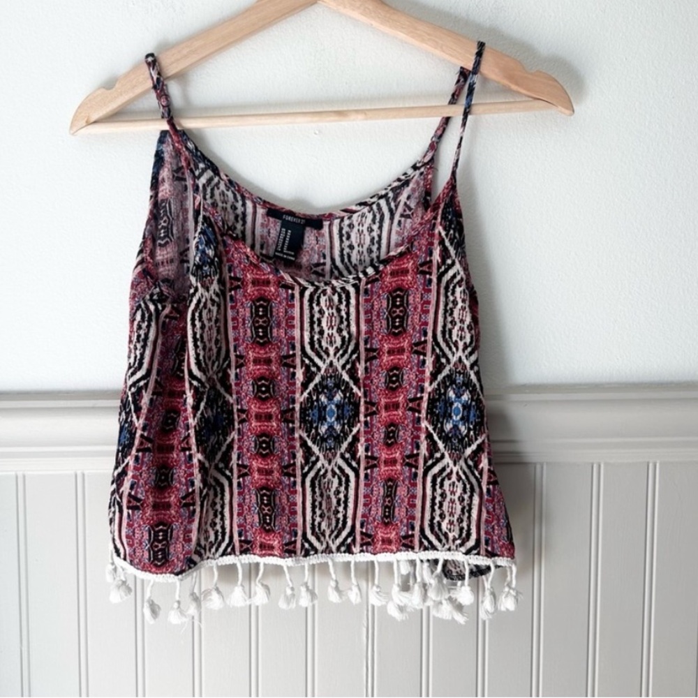 Forever 21 Medium Pink Blue Patterned Fringe Trim Crop Tank Top